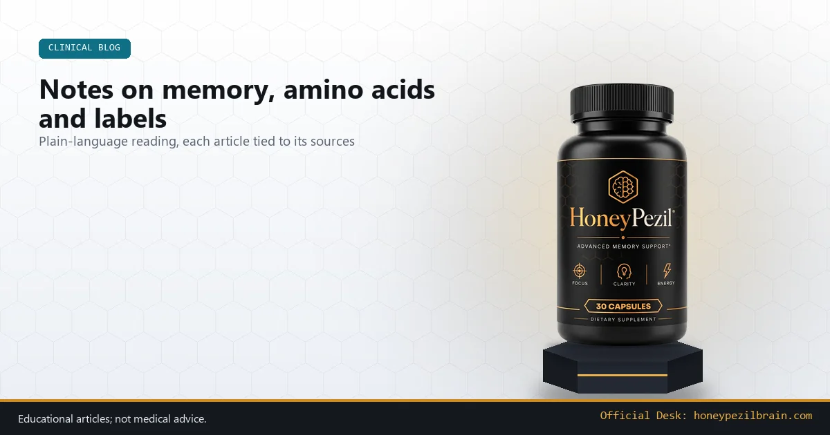 HoneyPezil bottle on a graphite plinth beside the title Clinical Blog: notes on memory, amino acids and labels