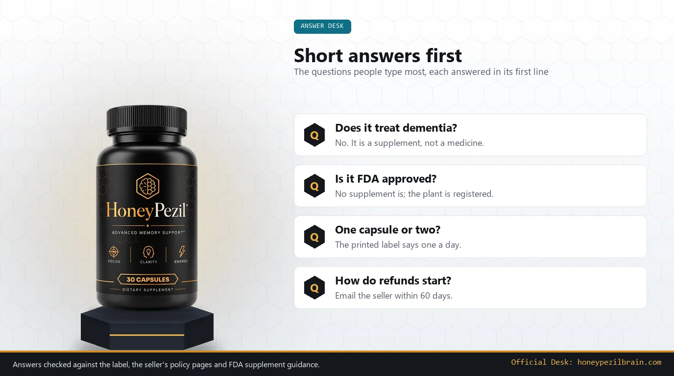 HoneyPezil bottle beside four short question and answer cards