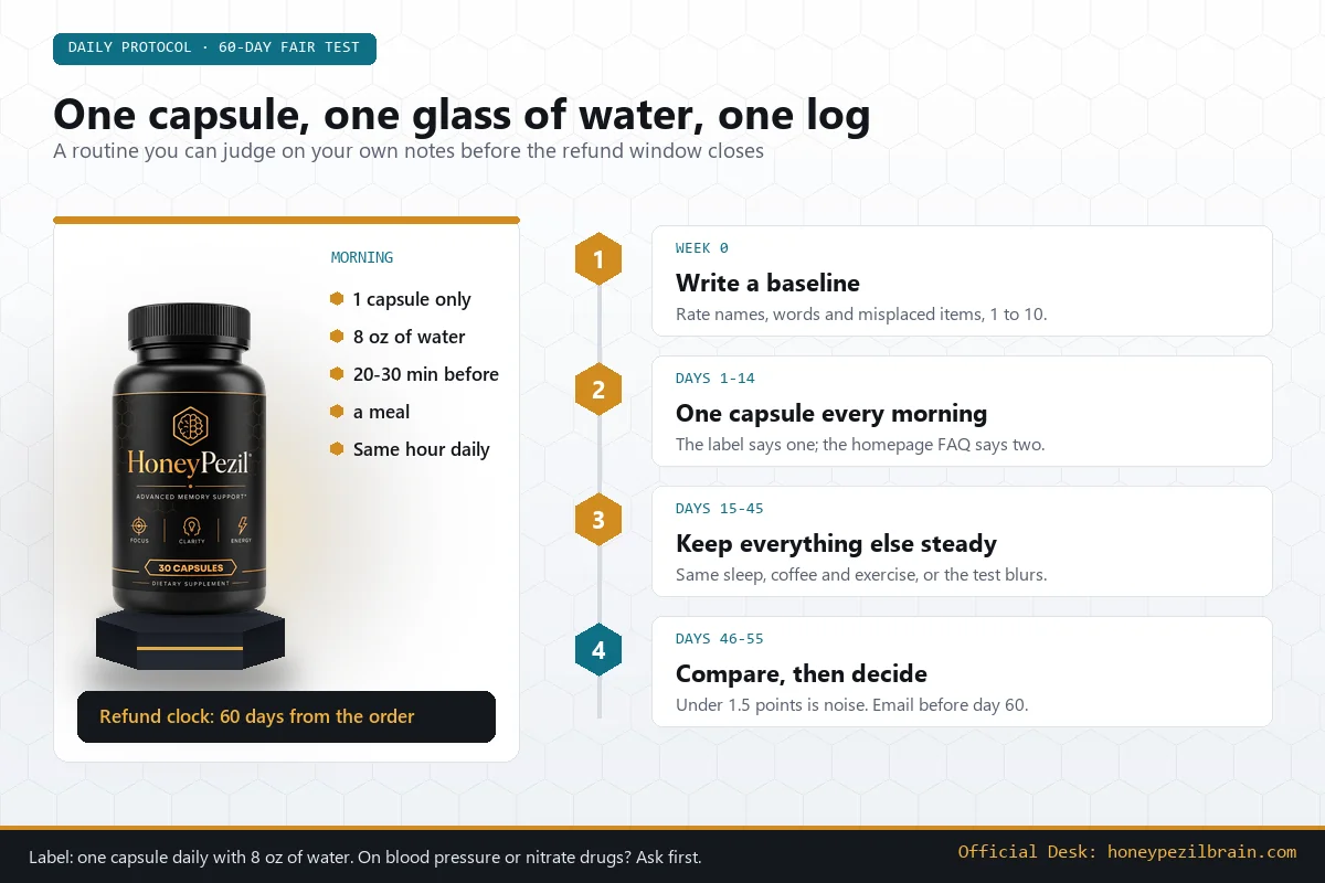 HoneyPezil daily protocol with one capsule, water timing and a four-stage 60-day log
