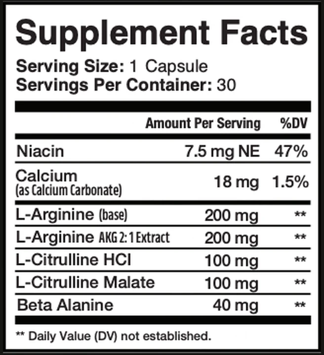 HoneyPezil Supplement Facts panel: serving size 1 capsule, 30 servings, niacin 7.5 mg NE, calcium 18 mg, L-arginine base 200 mg, L-arginine AKG 200 mg, L-citrulline HCl 100 mg, L-citrulline malate 100 mg, beta alanine 40 mg